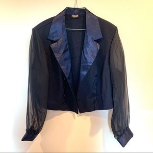 Cropped blue blazer jacket with sheer sleeves